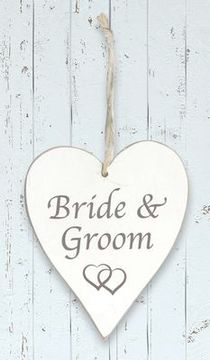 Wooden Heart Whitewash 9cm x 11cm Bride & Groom 1pc - Accessories